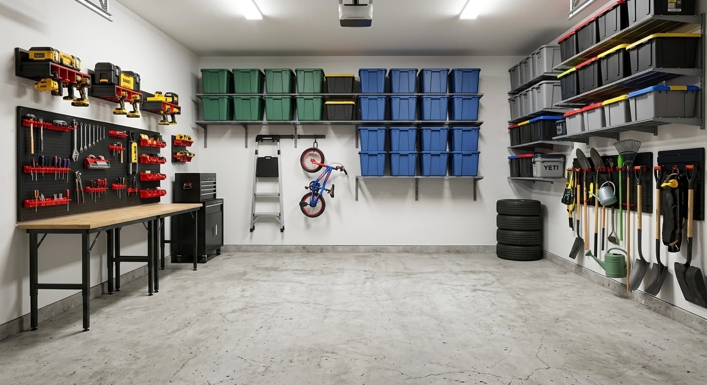 Organized garage with wall shelving, pegboard tools, and storage bins