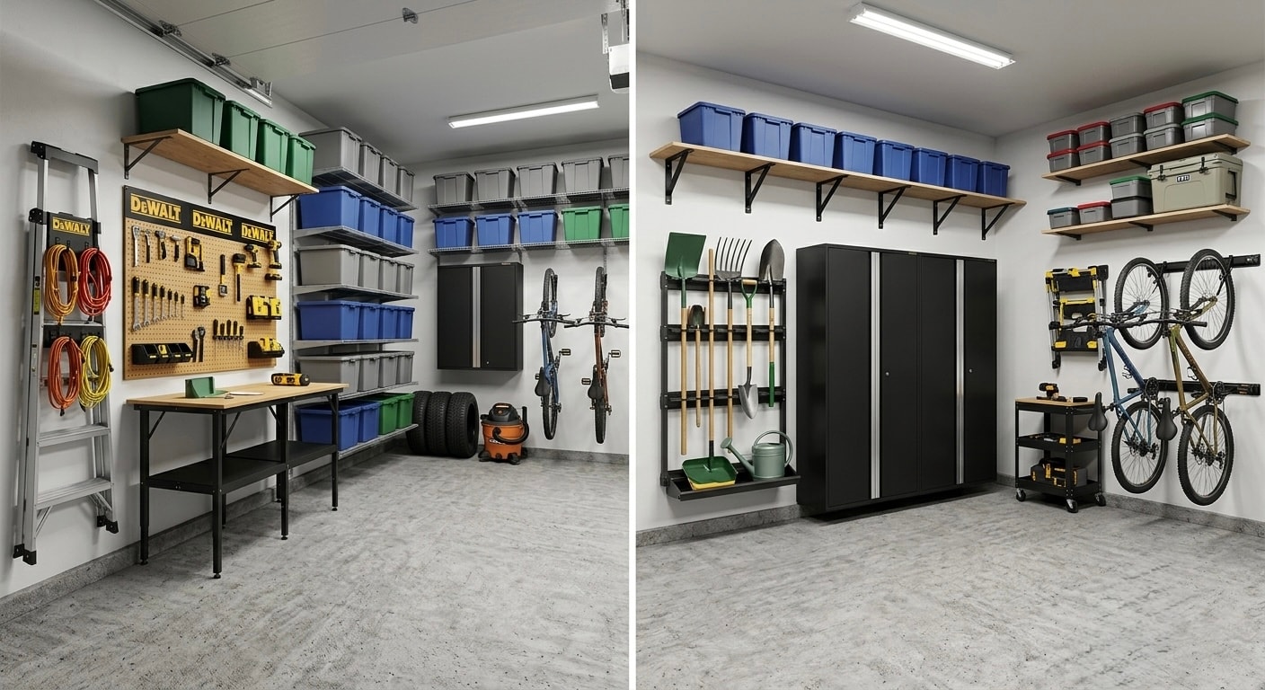 Custom garage organization with cabinets, bike storage, and garden tools