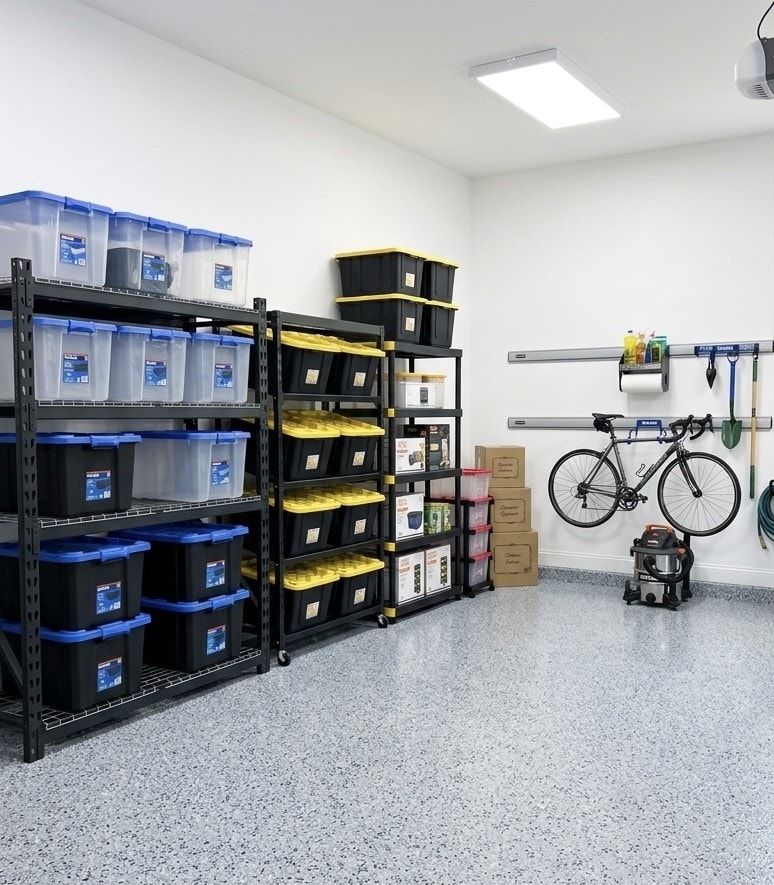 Full garage transformation with epoxy floor and premium organization